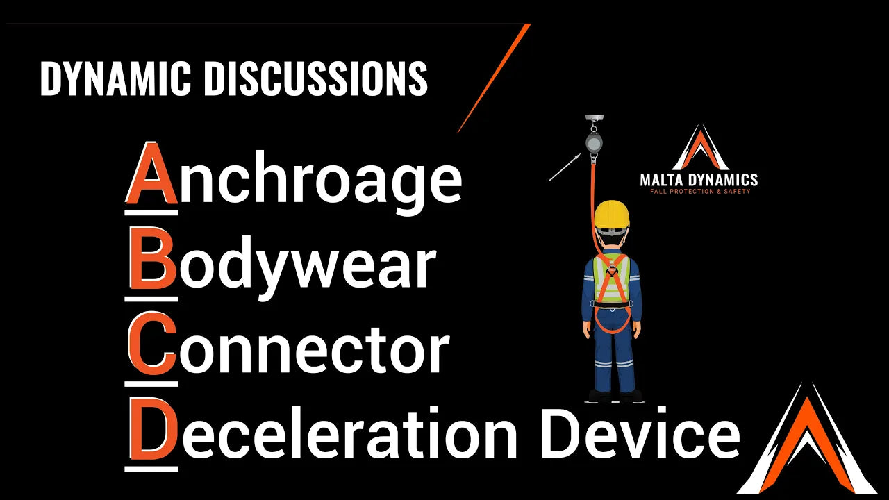 ||construction worker on site wearing safety harness and helmet|A man with fall protection set up to demonstrate the ABCD of fall protection