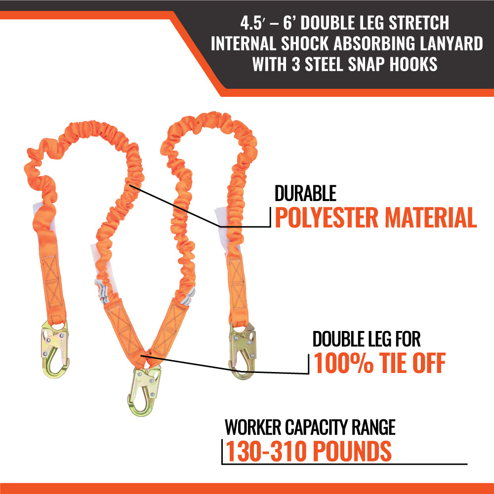 4.5' - 6' DOUBLE LEG STRETCH INTERNAL SHOCK ABSORBING LANYARD
