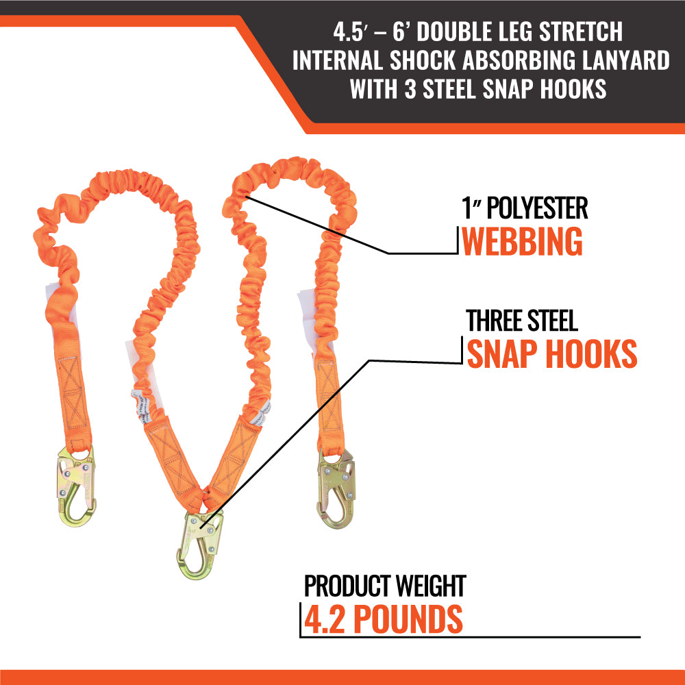 4.5' - 6' DOUBLE LEG STRETCH INTERNAL SHOCK ABSORBING LANYARD