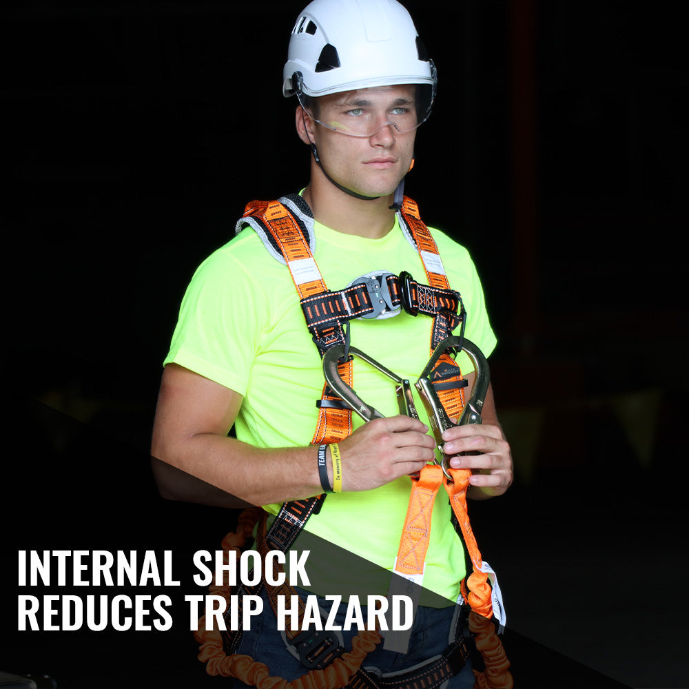 4.5' - 6’ DOUBLE LEG STRETCH INTERNAL SHOCK ABSORBING LANYARD WITH 2 REBAR HOOKS AND 1 STEEL SNAP HOOK