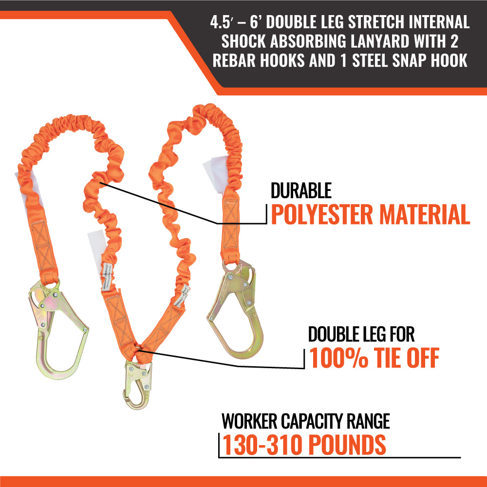 4.5' - 6' DOUBLE LEG STRETCH INTERNAL SHOCK ABSORBING LANYARD