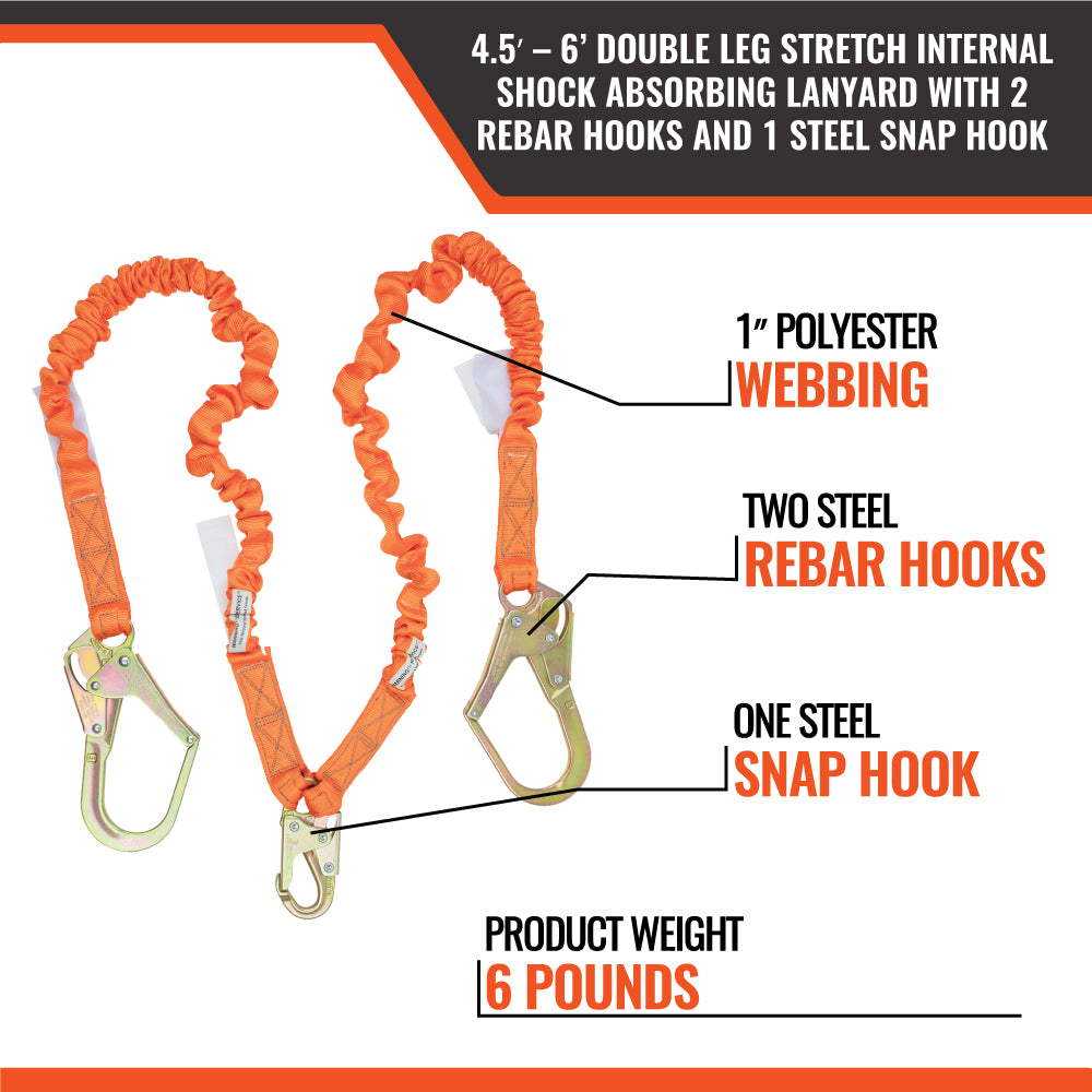 4.5' - 6' DOUBLE LEG STRETCH INTERNAL SHOCK ABSORBING LANYARD