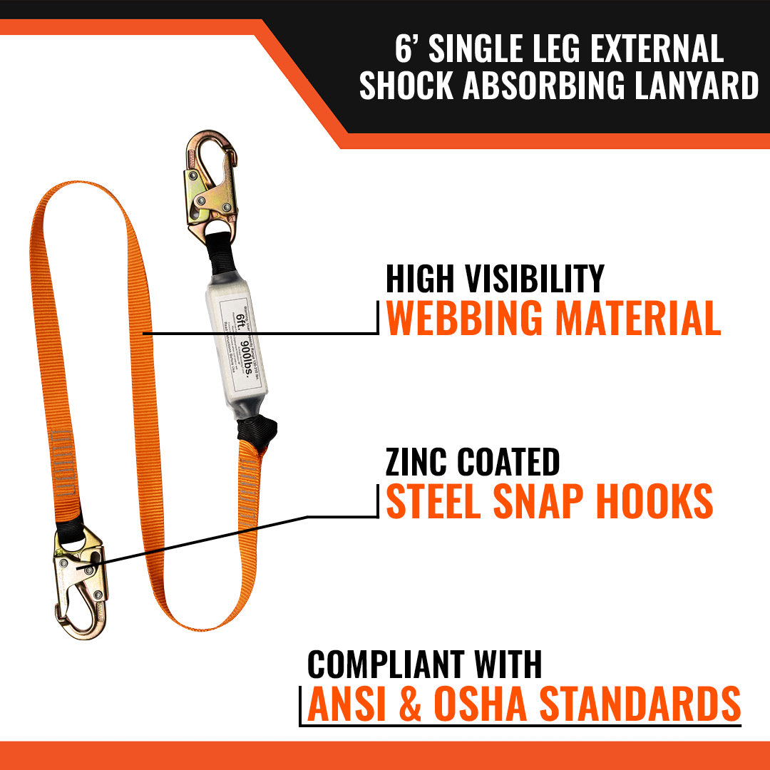 6’ SINGLE LEG EXTERNAL SHOCK ABSORBING LANYARD W/ 2 STEEL SNAP HOOKS