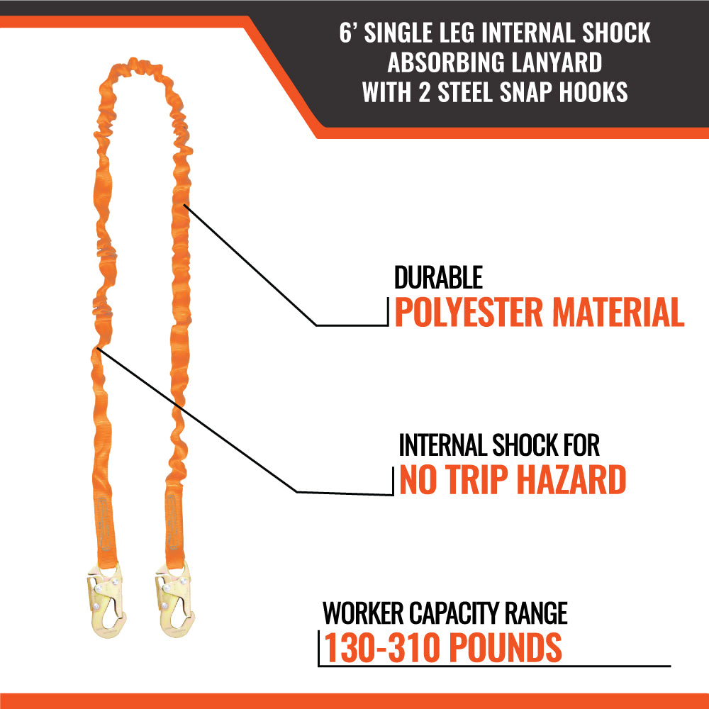 6’ SINGLE LEG SHOCK ABSORBING LANYARD W/ 2 STEEL SNAP HOOKS (15 Pack)