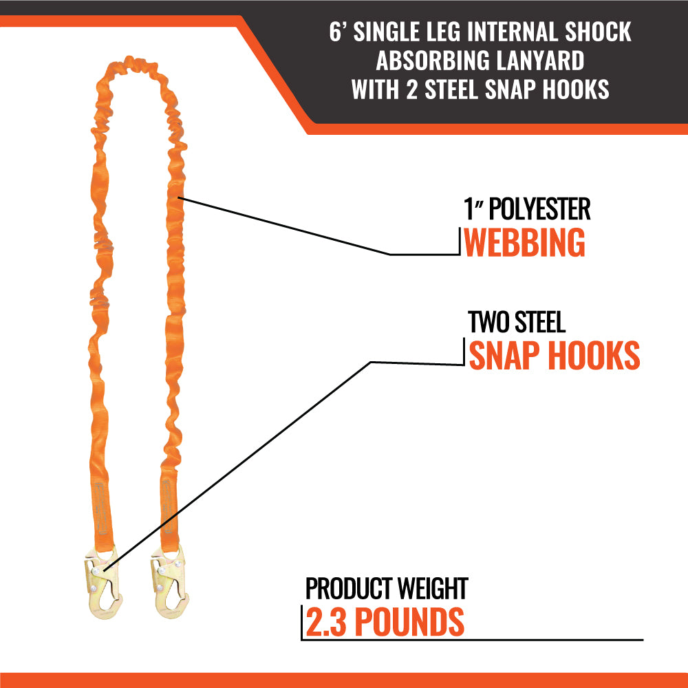 6’ SINGLE LEG INTERNAL SHOCK ABSORBING LANYARD WITH 2 STEEL SNAP HOOKS