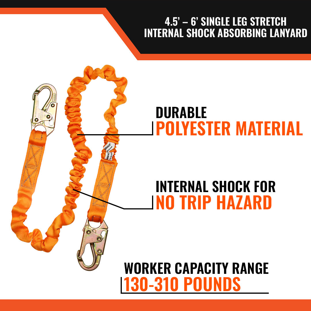 4.5' - 6’ SINGLE LEG STRETCH INTERNAL SHOCK ABSORBING LANYARD W/ 2 STEEL SNAP HOOKS