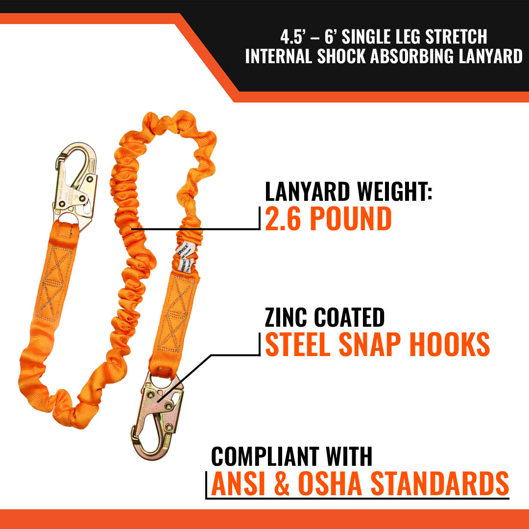 4.5' - 6’ SINGLE LEG STRETCH INTERNAL SHOCK ABSORBING LANYARD W/ 2 STEEL SNAP HOOKS