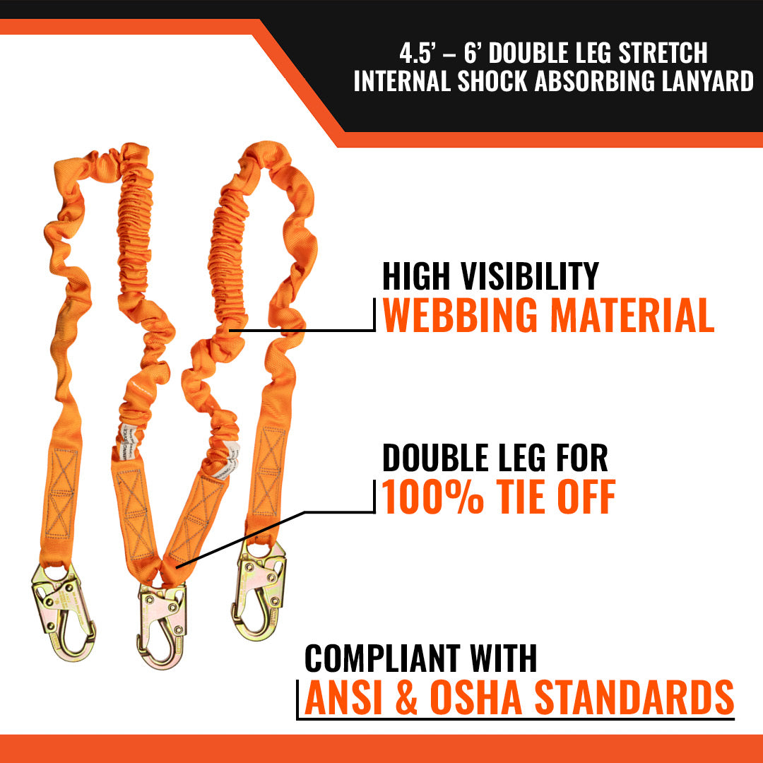 4.5' - 6’ DOUBLE LEG STRETCH INTERNAL SHOCK ABSORBING LANYARD WITH 3 STEEL SNAP HOOKS