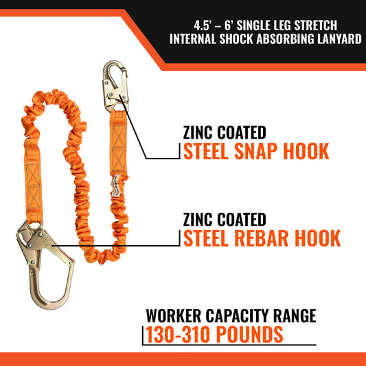 4.5' - 6’ SINGLE LEG STRETCH INTERNAL SHOCK ABSORBING LANYARD WITH 1 REBAR HOOK AND 1 STEEL SNAP HOOK