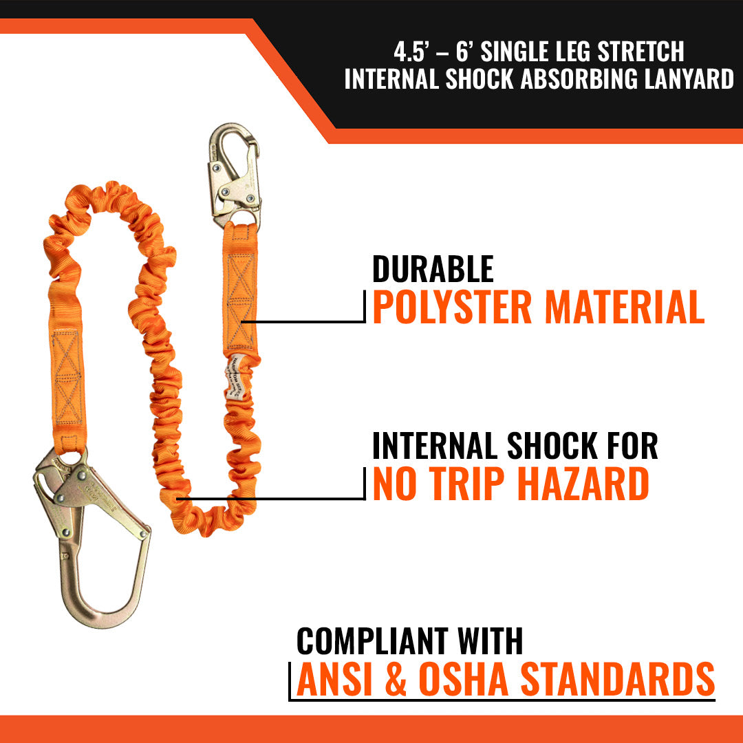 4.5' - 6’ SINGLE LEG STRETCH INTERNAL SHOCK ABSORBING LANYARD WITH 1 REBAR HOOK AND 1 STEEL SNAP HOOK