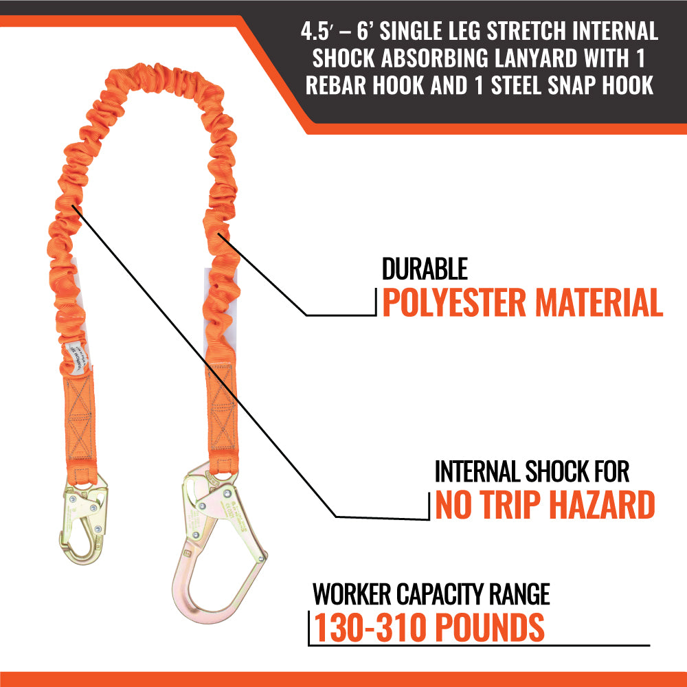 4.5' - 6’ SINGLE LEG STRETCH INTERNAL SHOCK ABSORBING LANYARD WITH 1 REBAR HOOK AND 1 STEEL SNAP HOOK