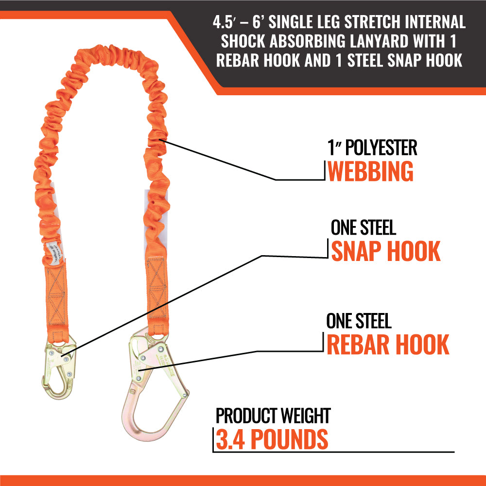 4.5' - 6’ SINGLE LEG STRETCH INTERNAL SHOCK ABSORBING LANYARD WITH 1 REBAR HOOK AND 1 STEEL SNAP HOOK