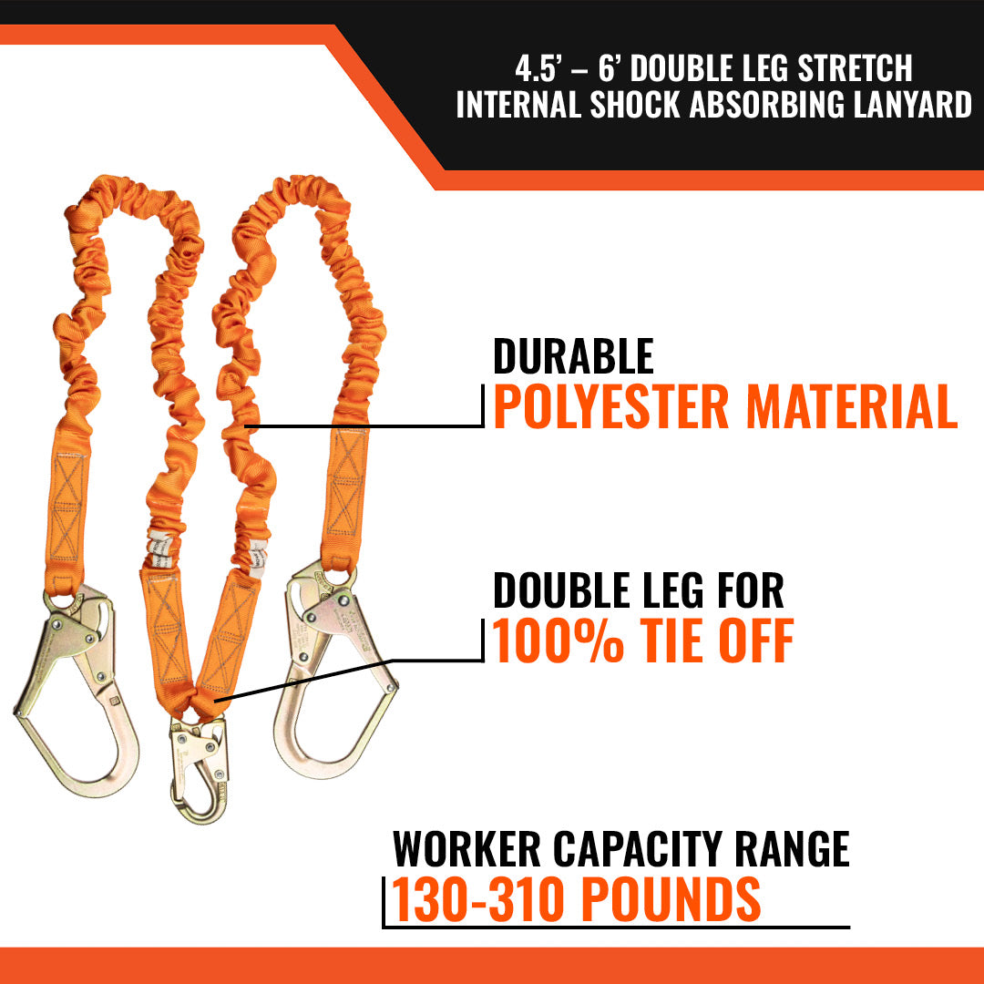 4.5' - 6’ DOUBLE LEG STRETCH INTERNAL SHOCK ABSORBING LANYARD WITH 2 REBAR HOOKS AND 1 STEEL SNAP HOOK