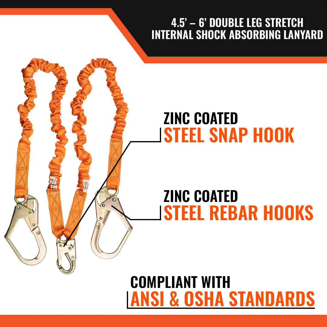 4.5' - 6’ DOUBLE LEG STRETCH INTERNAL SHOCK ABSORBING LANYARD WITH 2 REBAR HOOKS AND 1 STEEL SNAP HOOK