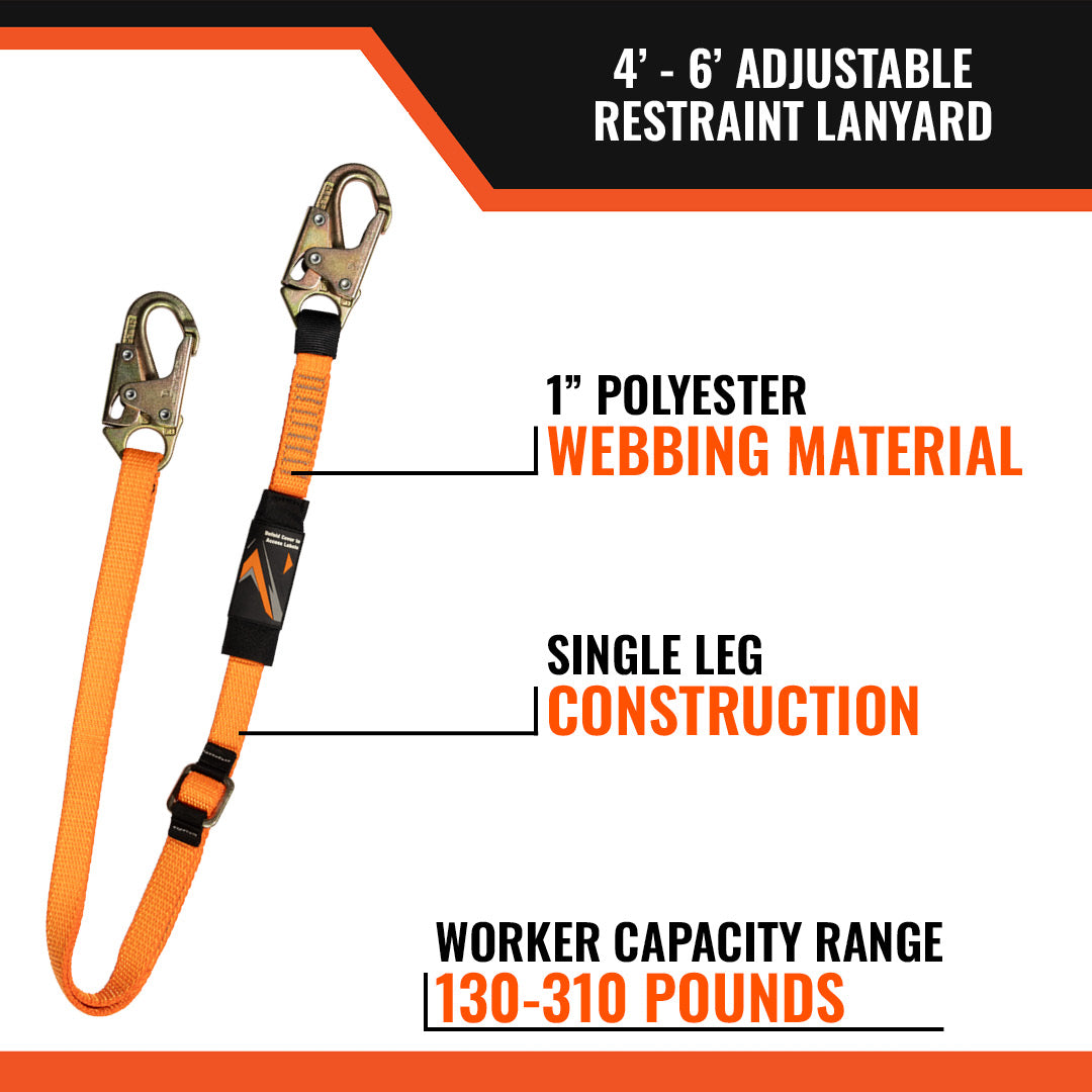 4' - 6' ADJUSTABLE RESTRAINT LANYARD WITH 2 STEEL SNAP HOOKS