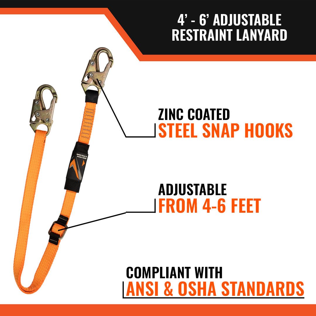 4' - 6' ADJUSTABLE RESTRAINT LANYARD WITH 2 STEEL SNAP HOOKS