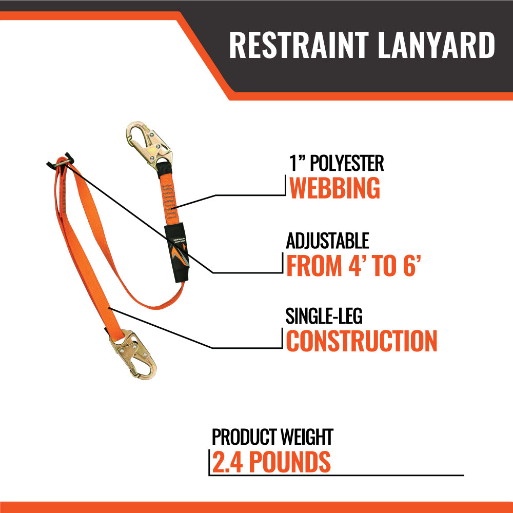 4' - 6' ADJUSTABLE RESTRAINT LANYARD WITH 2 STEEL SNAP HOOKS