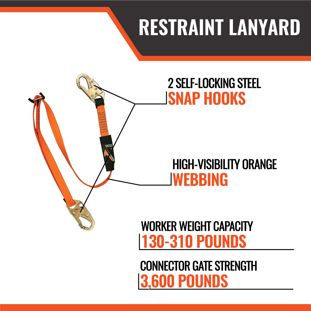 4' - 6' ADJUSTABLE RESTRAINT LANYARD WITH 2 STEEL SNAP HOOKS