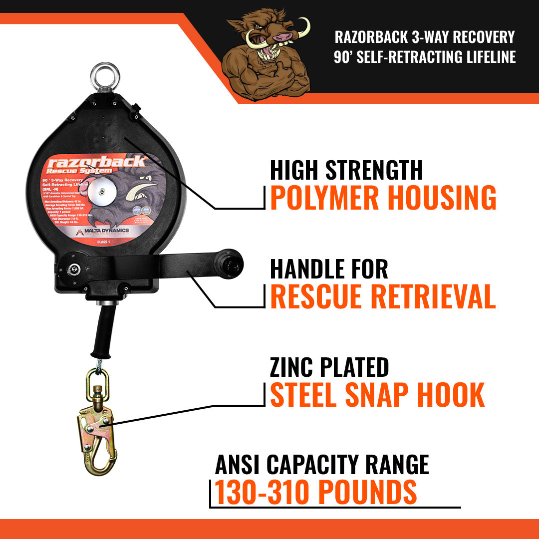 90’ Razorback 3-Way Recovery SRL With Snap Hook, Class SRL-R