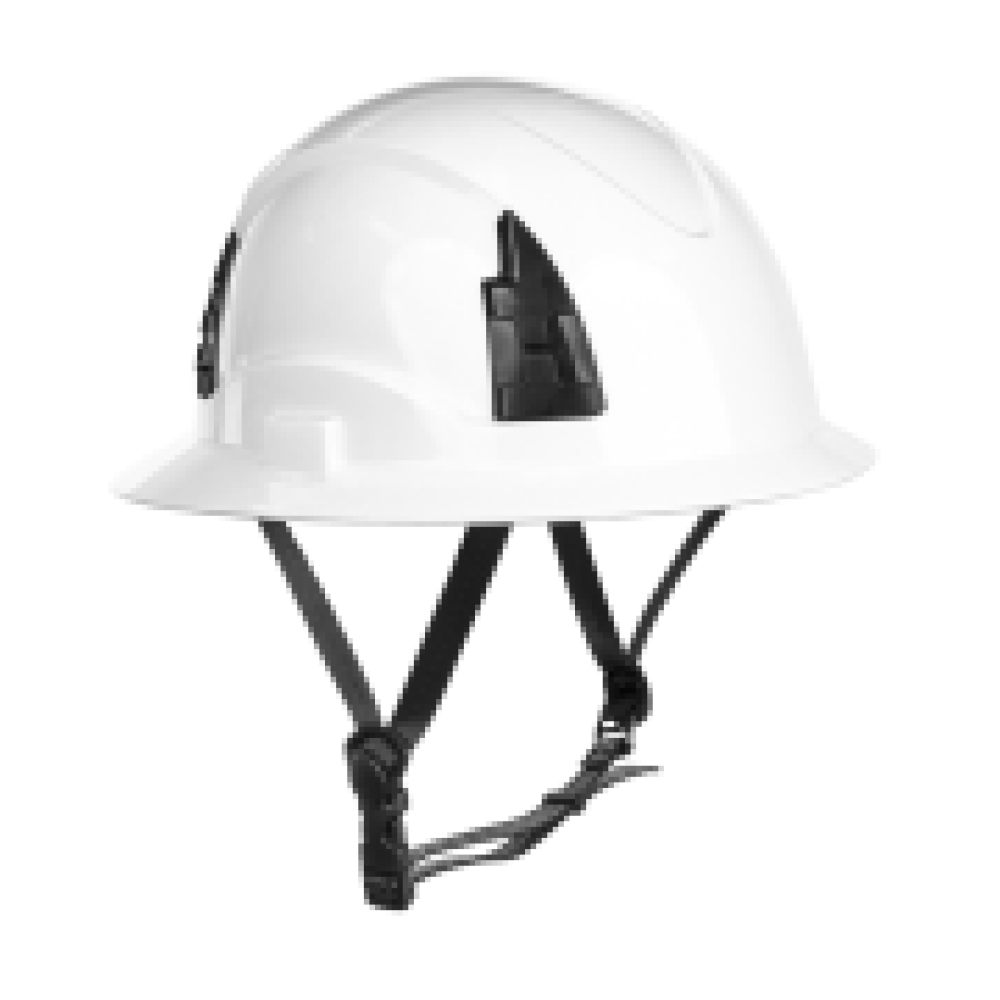 White helmet with black chin strap on a white background