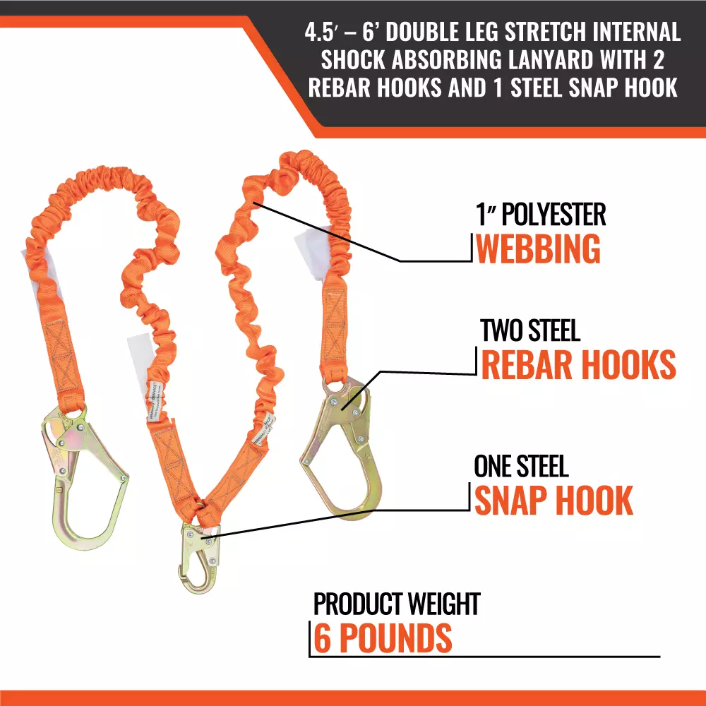 4.5' - 6' Double Leg Stretch Internal Shock Absorbing Lanyard with