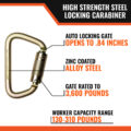 HIGH STRENGTH STEEL LOCKING CARABINER - auto locking gate, zinc coated alloy steel, gate rated to 3600 lbs, worker capacity 130-310 lbs