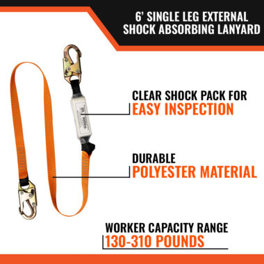 6’ SINGLE LEG EXTERNAL SHOCK ABSORBING LANYARD W/ 2 STEEL SNAP HOOKS - clear shock pack for easy inspection, durable polyester, worker capacity from 130-310 lbs.