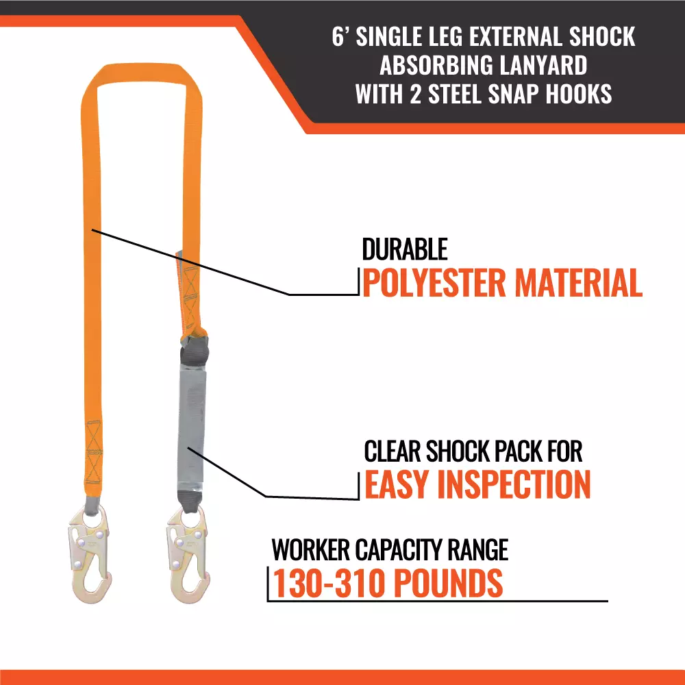 6 Foot Single External Shock Absorbing Lanyard with 2 Steel Snap Hooks