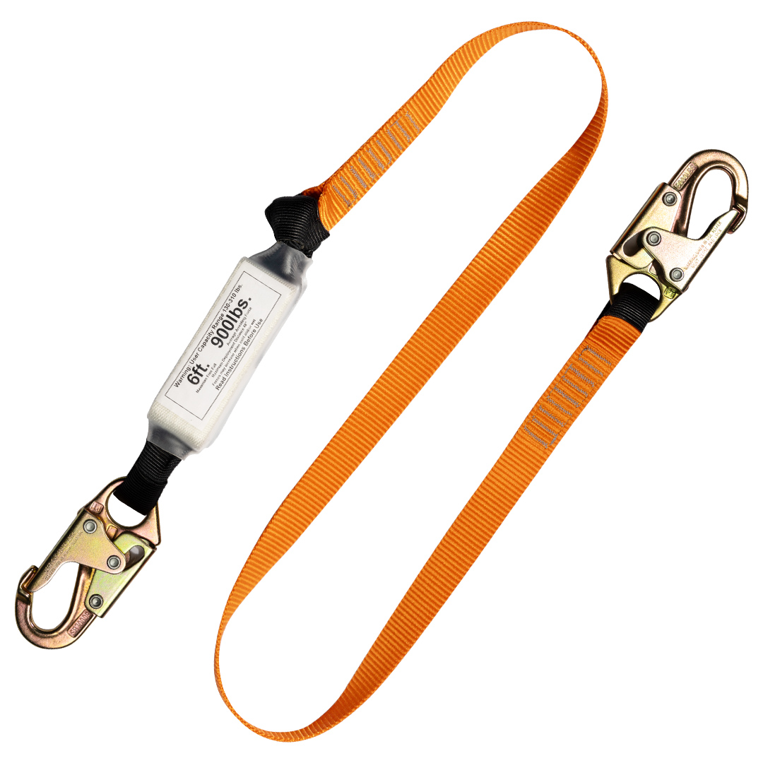Fall Protection Safety Lanyard 6' Internal Shock-Absorbing with Snap Hook 2/Pack 