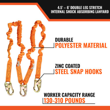 4.5' - 6’ DOUBLE LEG STRETCH INTERNAL SHOCK ABSORBING LANYARD WITH 3 STEEL SNAP HOOKS - durable polyester material, zinc coated steel snap hooks, worker capacity range 130-310 lbs.