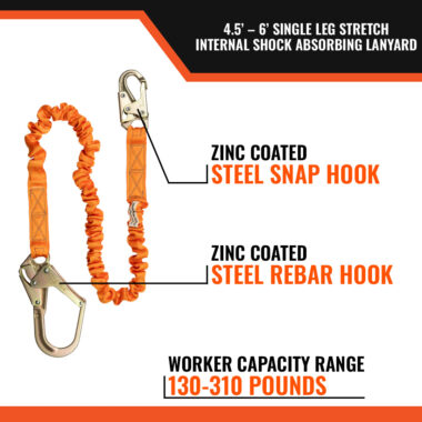 4.5' - 6’ SINGLE LEG STRETCH INTERNAL SHOCK ABSORBING LANYARD WITH 1 REBAR HOOK AND 1 STEEL SNAP HOOK - zinc coated steel snap hook, zinc coated steel rebar hook, worker capacity range 130 - 310 lbs.