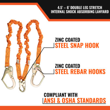 4.5' - 6’ DOUBLE LEG STRETCH INTERNAL SHOCK ABSORBING LANYARD WITH 2 REBAR HOOKS AND 1 STEEL SNAP HOOK - zinc coated steel snap hook, zinc coated steel rebar hooks, compliant with ansi and osha standards.