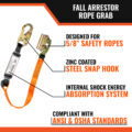 FALL ARRESTOR ROPE GRAB- 5/8" safety ropes, zinc coated steel snap hook, internal shock system, comliant with ansi and osha standards