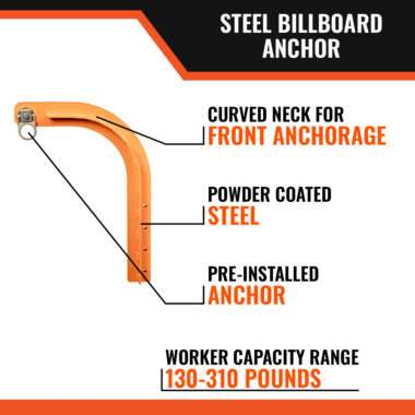 STEEL BILLBOARD ANCHOR - curved neck for front anchorage, powder coated steel, pre installed anchor, worker capacity 130-310lbs