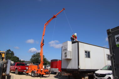 crane set up with worker. safety concept.