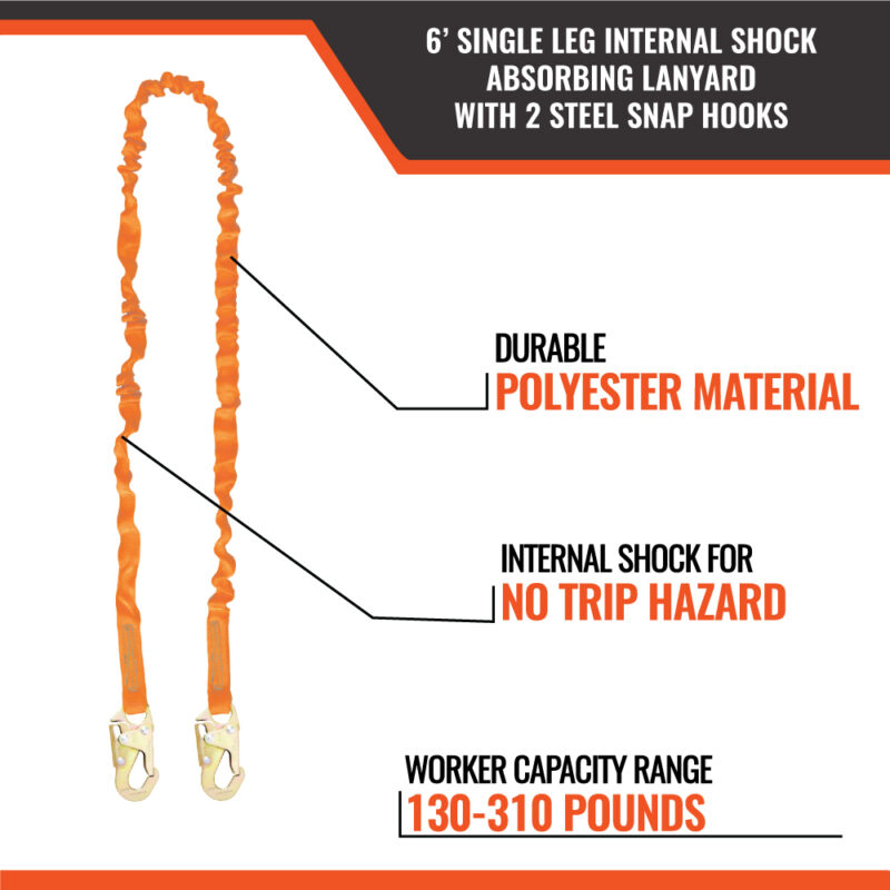 6’ SINGLE LEG INTERNAL SHOCK ABSORBING LANYARD WITH 2 STEEL SNAP HOOKS - Image 2