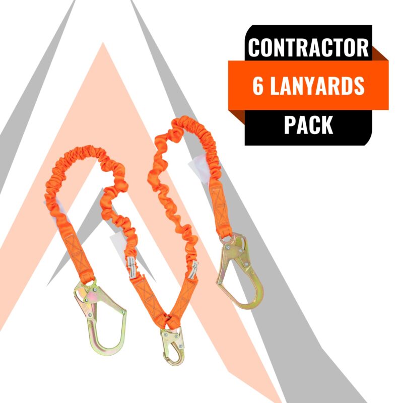 4.5' - 6’ DOUBLE LEG STRETCH INTERNAL SHOCK ABSORBING LANYARD WITH 2 REBAR HOOKS AND 1 STEEL SNAP HOOK (6 Pack)